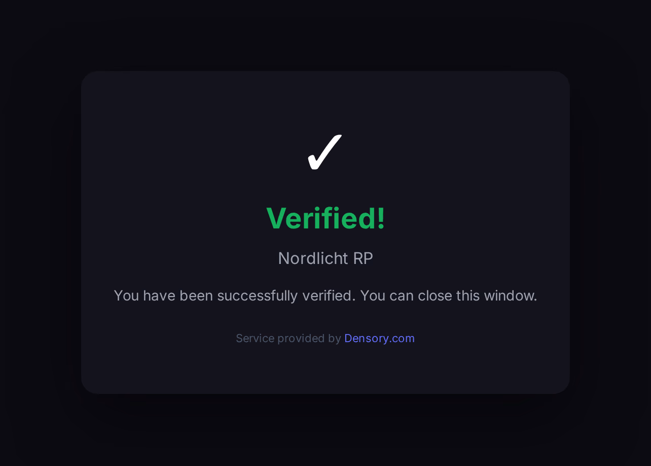 Success page after verifying Nordlicht RP: green tick, Verified, and a message to close the window.