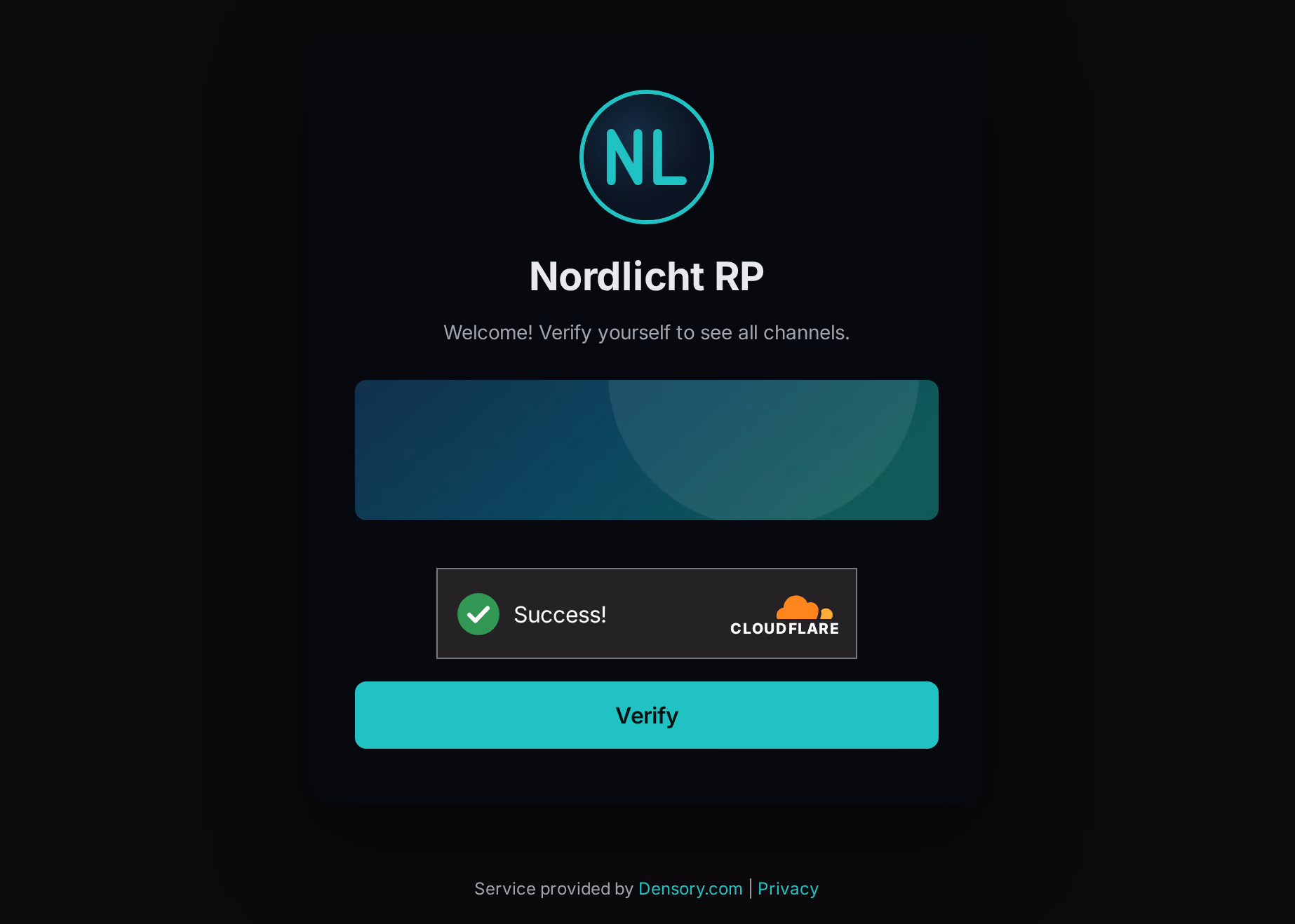 Verify page of Nordlicht RP: logo, welcome text, banner, solved captcha with Cloudflare logo, and Verify button.